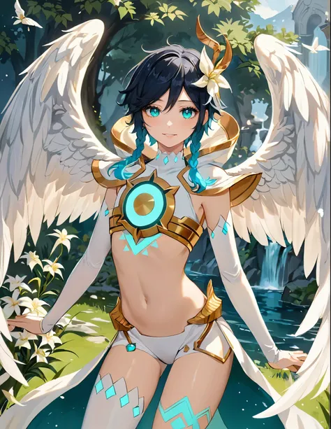 (masterpiece,best quality,4k,8k,absurdres:1.2),agahari,aoi nanase,((illustrated by carnelian)),sharp and clear, wide blue slit pupils, green eyes, perfect face, 1boy, flat chest,venti_(archon)_(genshin_impact),bare stomach,graceful,(face focus,detailed_eye...