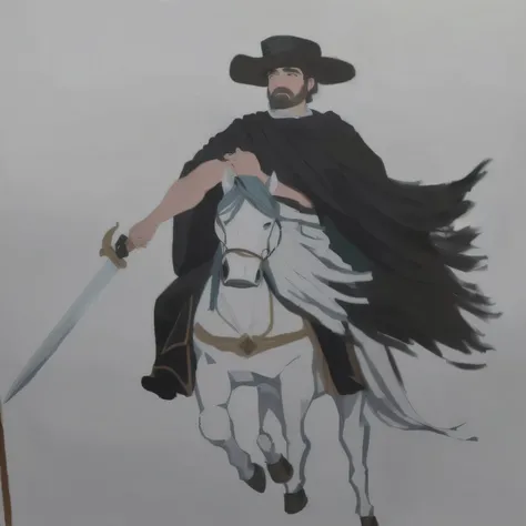 painting of a man riding a horse with a sword and a hat, by Alonso Vázquez, inspired by Diego Velázquez, inspired by Alonso Vázquez, inspired by Jacques Callot, inspired by Aldus Manutius, painting of a knight, inspired by Juan de Flandes, inspired by Paol...