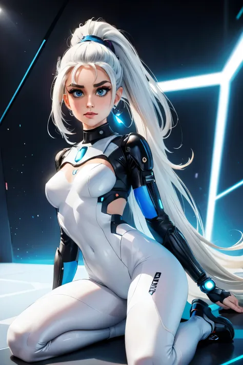 full body cyber girl with a ponytail. ariana grande's face. bright white color to show she's a cyber girl whit laser rifle. whit...