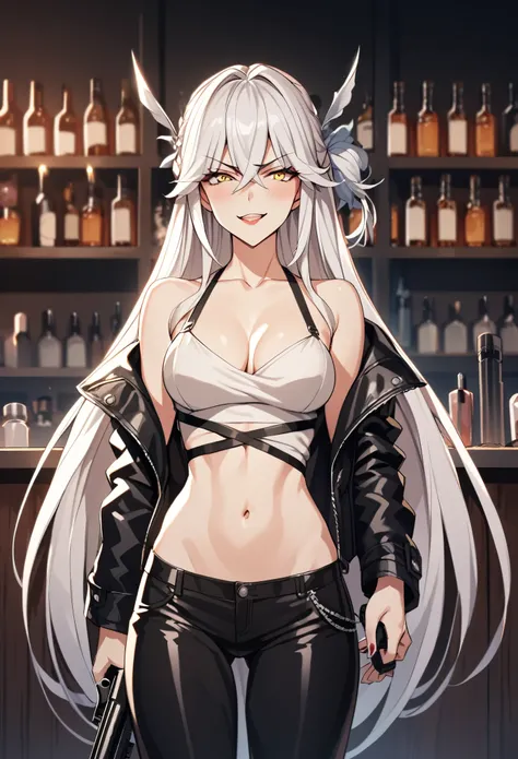 vysis, white hair, long hair, yellow eyes, medium breasts, anime coloring, blush, lipstick, long hair, Hot girl, baddie, staring, glaring, bad attitude, mean girl, dare, angry, hate, crazy, smoking, bar background, inside bar, indoor,smile, masterpiece, be...