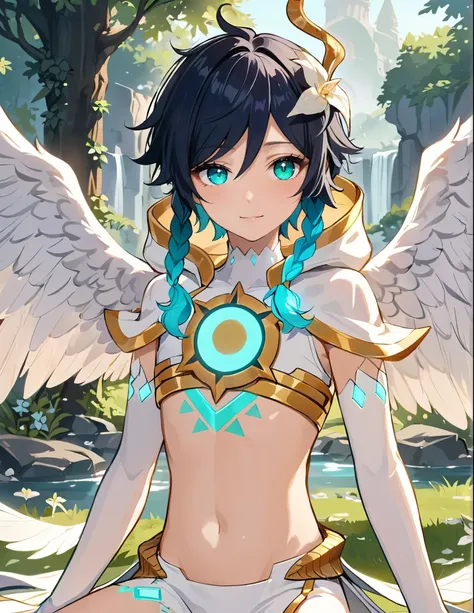 (masterpiece,best quality,4k,8k,absurdres:1.2),agahari,aoi nanase,sharp and clear,blue slit pupils, green eyes, perfect face, 1boy, flat chest,venti_(archon)_(genshin_impact),bare stomach,graceful,(face focus,detailed_eyes),gradient_hair,chest_tattoo,(thig...