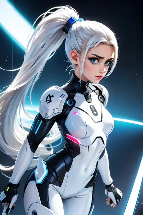 Full body cyber girl with a ponytail. Ariana Grandes face. Bright white color to show shes a cyber girl whit laser rifle. white eyebrows. clothing like catsuit. She also has bright blue eyes. The environment is terminator like. Hair is platina. She is lit ...