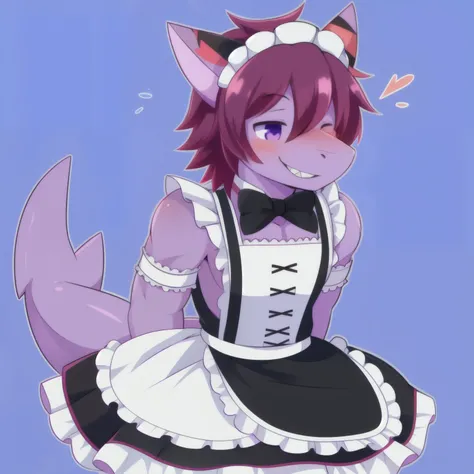 Alone, male, standing, muscular, smiling,blushing,((hair, snout)), shark,violet skin,Red stripes,kawaii,cute,Maid outfit,maid,19 years