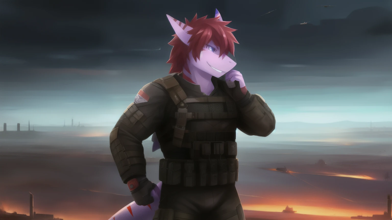 Alone, male, standing, muscular, smiling,naked ((hair, snout)), shark,apocalyptic landscape,War,violet skin,Red stripes,kawaii,cute,tactical suit