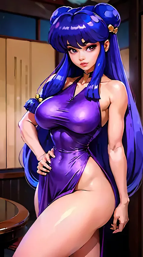 Beautiful sexy Ranma and a half posing with big breasts and big hips with a small waist showing her body from head to toe., Her long, radiant purple hair cut very short., Radiant red dress, low cut and sensual