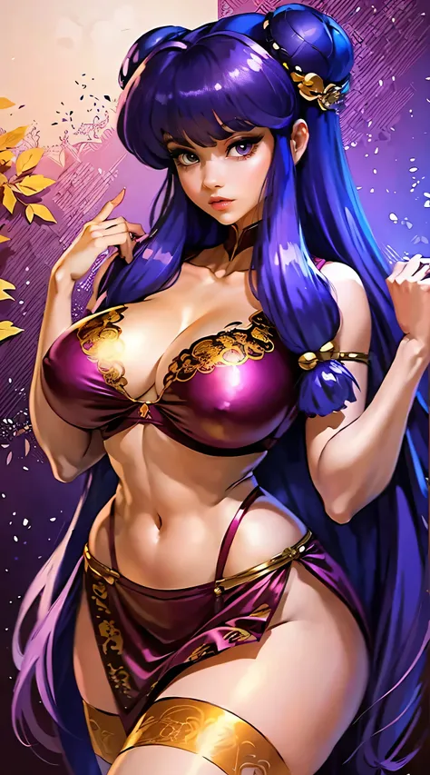 Beautiful sexy Ranma and a half posing with big breasts and big hips with a small waist showing her body from head to toe., Her long, radiant purple hair cut very short., Red dress with gold lace and white garters 