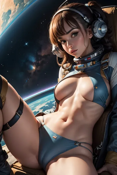 Woman in space with little clothing, looking suggestively