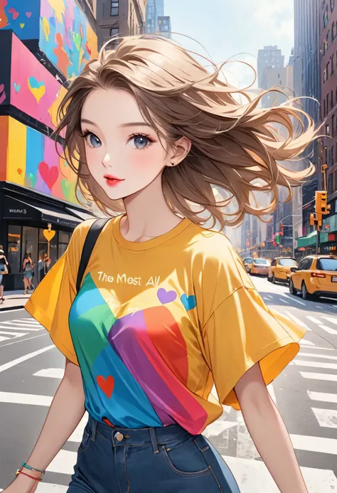 Keith Haring colorful style, Simple Line Initialism，Abstract art，(((The most beautiful girl of all time))), Sweet face. Lips in love, colorful hearts, stylish design, 夏のオシャレなTシャツ, 黒い瞳, walking, New York city