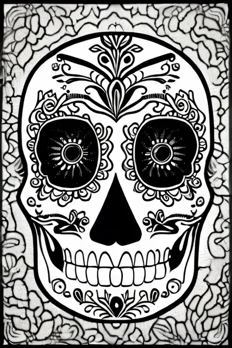 Coloring page of a Drawing of a Catrina or Catrín mask for the Day of the Dead. Use thick lines and an attractive black and white design. Add festive details like flowers, mustaches or hats to give it personality. Line Art