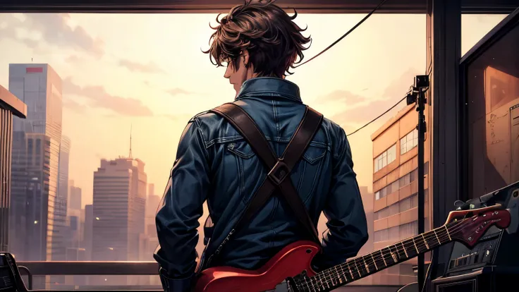 a high-resolution anime-style image of a man seen from behind, holding a guitar. the man should have slightly messy hair, wearin...