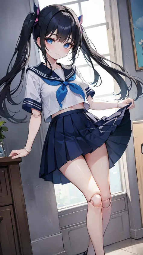 ((masterpiece、Highest quality、Very detailed))、One girl、Black Hair、Long Hair、twintails、blunt bangs、Light blue eyes、evil smile、Small breasts、((serafuku))、Short sleeve、((Navy blue pleated skirt))、((skirt lift))、((pussy))、((doll joints))、storeroom
