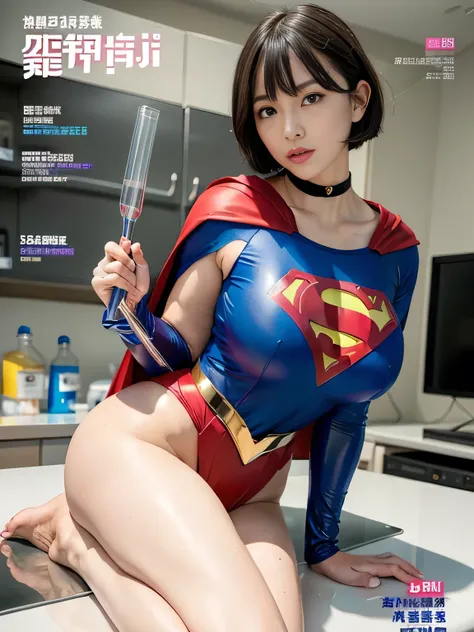 masterpiece、Rubber Supergirl Costume、short hair、barefoot、Big and ample breasts、looking at the camera、choker、Long sleeve、Cape、mini skirt、Off the shoulder、Sweaty skin、In front of the laboratory equipment in the hospital room、Photo magazine cover、Glamorous cl...