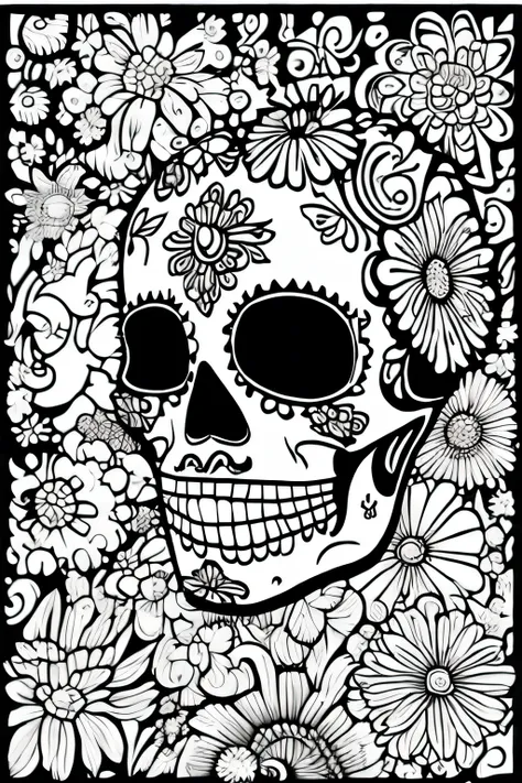 black and white, (coloring book), (line art), drawing of an altar mexico for día de los muertos, thick lines, attractive design,...