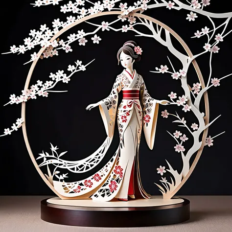 Create a detailed paper cutting art piece of the doll stand that is displayed during the Japanese Doll Festival.。A seamless fusion of cherry blossoms, nature and abstraction、Highlighting subtle artistry.