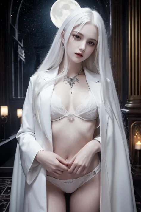 masterpiece, Highest quality, (alone focus), (Perfect Face:1.1), (Attention to detail:1.1),dramatic, 1 person, (Pale skin), Long white hair, White eyes, alone, Long Hair, moon, night, White luxury suit, vampire, Covered navel, Pouting, Covered, Victorian c...