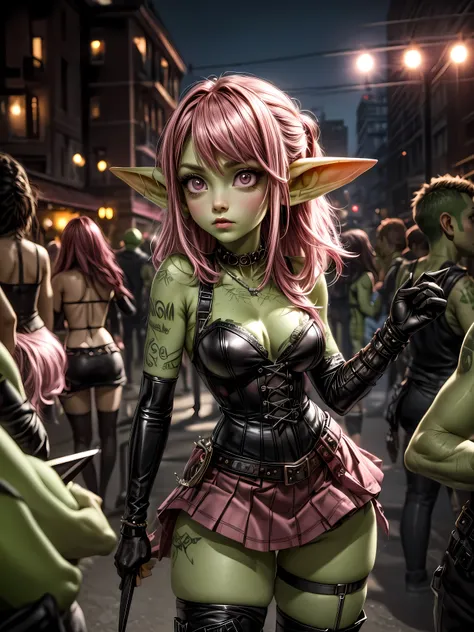 absurd resolution, ((best quality)), ((masterpiece)), (very detailed), 4k, goblin girl, hardcore punk rocker, pink hair, brown eyes, black and pink corset, microskirt, chains, pink eye makeup, ripped fishnets, ((green skin)), small pointy ears, thigh boots...