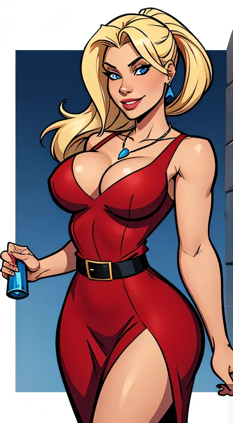 Thin woman, Scarlett Final Fantasy, beautiful smiling, seducing gaze, red dress with v-neck, necklace with cylindrical blue jewel, black belt, skin fair, blonde hair with a pony tail, blue colored eyes, busty. comic style.