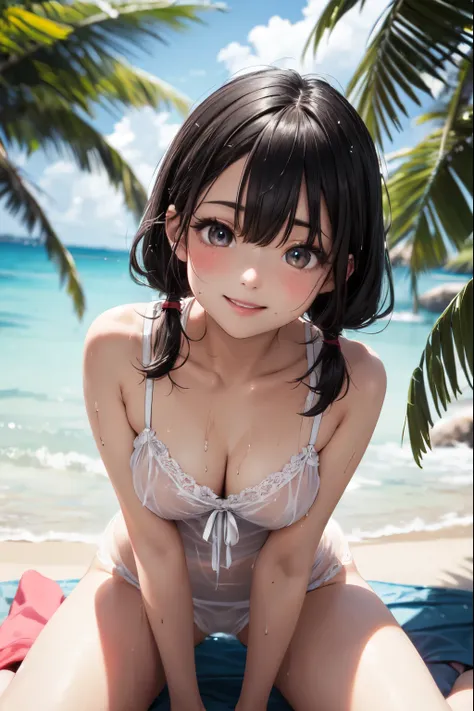 very cute and beautiful girl,(highly detailed beautiful face and eyes),(smile:1.2),blush,black hair,low twintails,looking at viewer, wet,sweat,sitting,spread legs,(white transparent camisole),arms behind back,exposing thighs,beach,tropical island resort,su...