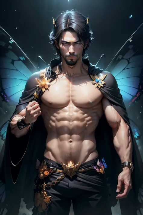 (8k,photorrealistic　RAW photograph　Maximum quality;1.4) (1 Japanese boy) Super handsome king of the underworld　faerie (lifelike face) 　(hair with stars,  Short hair in the wind)　slenderbody　Hairy, macho, muscular guy　big shiny eyes　Aristocratic Butterfly C...