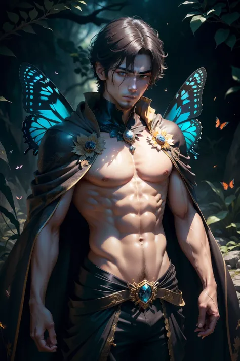 (8k,photorrealistic　RAW photograph　Maximum quality;1.4) (1 Japanese boy) Super handsome king of the underworld　faerie (lifelike face) 　(hair with stars,  Short hair in the wind)　slenderbody　Hairy, macho, muscular guy　big shiny eyes　Aristocratic Butterfly C...