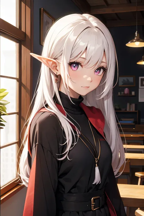 one girl、3×3、highelf、white hair、cute、girl、pink eyes, pointy ears