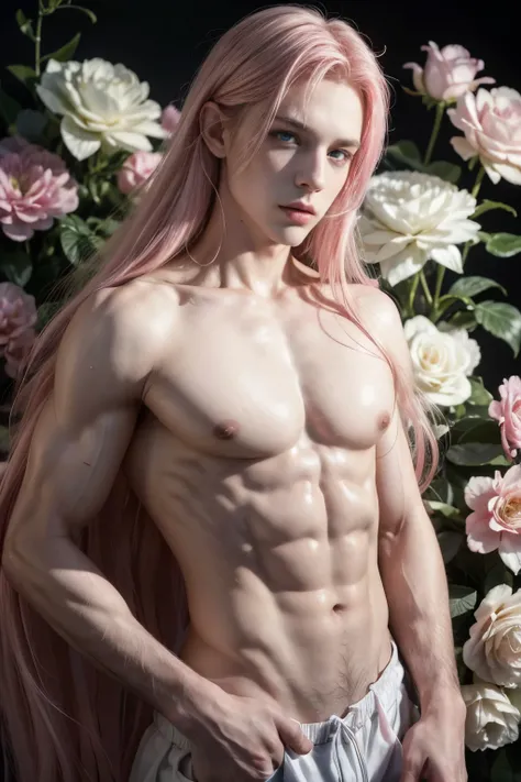 (8k,photorrealistic　RAW photograph　Maximum quality;1.4) (1 Italian boy) super handsome king of the underworld　(lifelike face) 　(white and pink hair mixed,  long hair in the wind)　slenderbody　Muscular and macho　large blue eyes　Mixed white and pink aristocra...