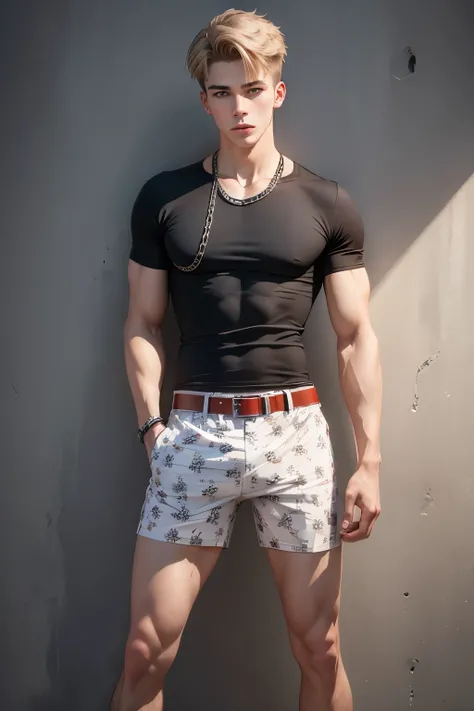 Young german male, 18-years old, full body view, Male square face, tight printed boxers, with belt, work of art, best qualityer, realisitic, chain, body with veins