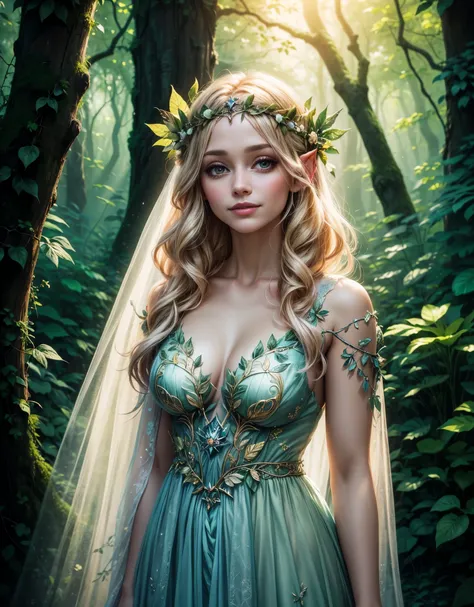 a painting of a woman in a dress standing in the woods, portrait of a fairy, forest fairy, fey queen of the summer forest, portrait of fairy, forest fae, smiling as a queen of fairies, fairy aesthetics, beautiful fairy, queen of the fairies, faerie, beauti...