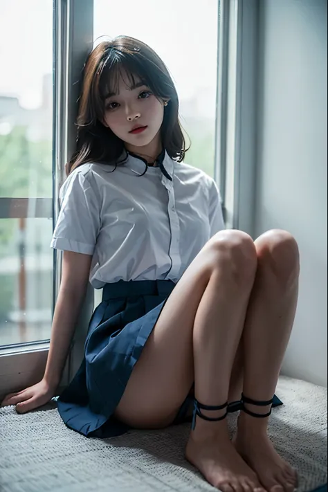 Cute girl is confined and tied up、A lighted room at night、White underneath the blue skirt、Red short sleeve shirt、Sit forward with your feet together、beauty、Age 25、Medium、Outside the window is night、