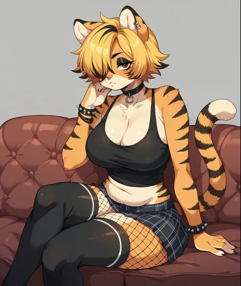 Solo, score_9,score_8_up,score_7_up, source_anime, kemono style, Garfield, feline, feminine, female, Anthro, orange fur, black stripes, brown eyes, white sclera, :3, pink nose, curvy, thick thighs, breasts, short blonde wavy hair, emo style hair, black hig...