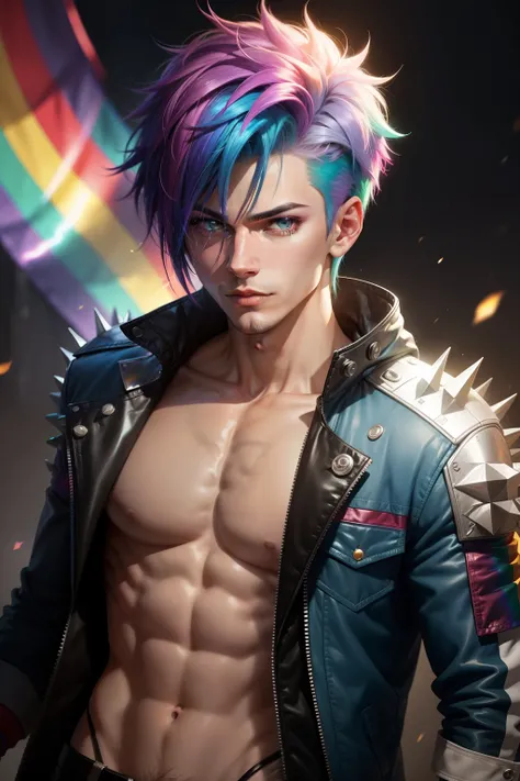 Male character with very short, slightly spiky rainbow hair, white flashes of light from the eyes. He has a rainbow jacket with colorful details.