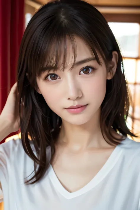Beautiful girl playing with a puppy, 14 years old, (Highest quality:1.4), (Very detailed), (Very detailed美しい顔), sit, avert your eyes, smile, White T-shirt, Great face and eyes, iris, Medium Hair, The Beauty of Japan, (Skinny body type:1.3), (Flat Chest:1.3...