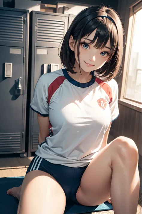 very cute and beautiful girl,(highly detailed beautiful face and eyes),(smile:1.2),happy,looking at viewer,
(japanese ladies gym uniform),(blue bloomers),sitting,spread legs,arms behind back,
locker room in training gym,black hair,hair band,
(best quality,...