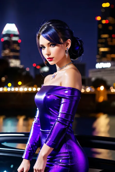 st. louis (luxurious wheels) (azur lane), hair ornament, portrait, silver dress, revealing clothes, necklace, blue nails, cityscape, night, rain, wet, (masterpiece:1.4),(best quality:1.4),realistic,fashi-girl,makeup,red lips,looking at viewer, solo,earring...