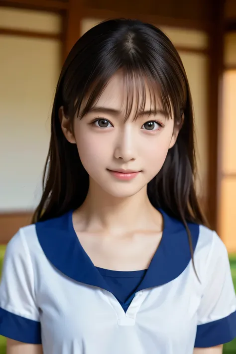 Running beautiful girl, 14 years old, (Highest quality:1.4), (Very detailed), (Very detailed美しい顔), sit, avert your eyes, smile, School uniforms, Short-sleeved sailor suit, Great face and eyes, iris, Medium Hair, The Beauty of Japan, (Skinny body type:1.3),...