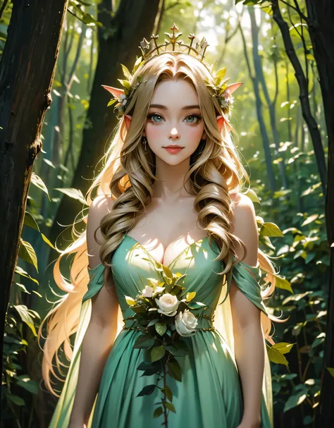 a painting of a woman in a dress standing in the woods, portrait of a fairy, forest fairy, fey queen of the summer forest, portrait of fairy, forest fae, smiling as a queen of fairies, fairy aesthetics, beautiful fairy, queen of the fairies, faerie, beauti...