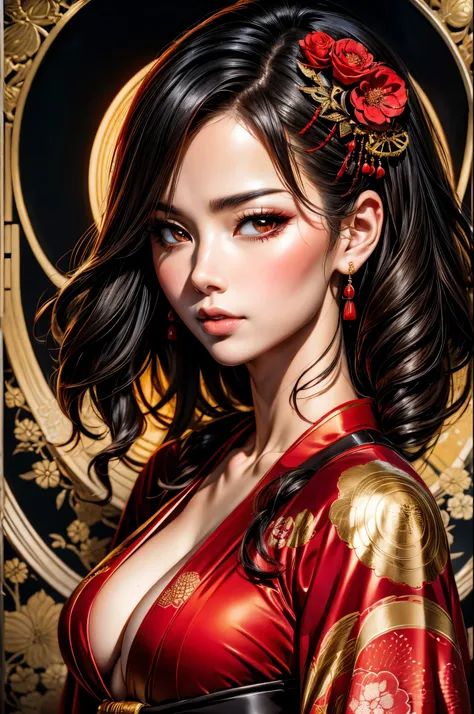 black widow in a sexy revealing golden red kimono dress with a gold halo, japanese goddess, chie yoshii, elegant japanese woman, revealing look, portrait of a beautiful geisha, intricate sexy geisha kimono, japanese art style