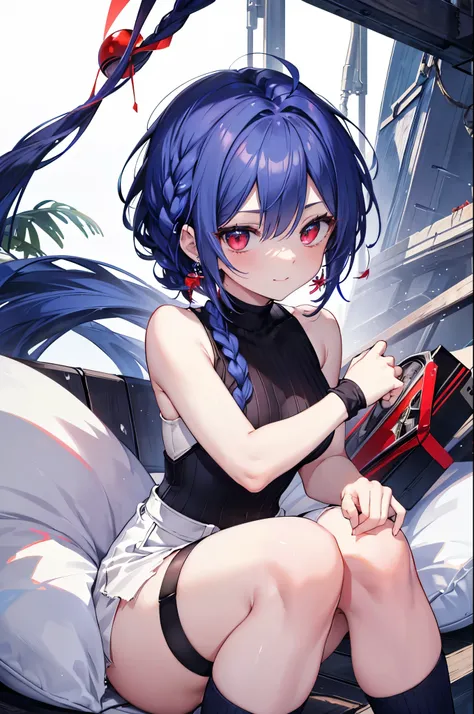 {{masterpiece}}, The best quality of life, 、((short indigo hair、Deep blue hair)Braided Hair) 、 Cute female, 、One woman、(((Crimson Eyes、Red eyes、Red　eyes)))、Expressionless adult woman、((White background))、small but well-shaped breasts,、(((Sleeveless with wh...