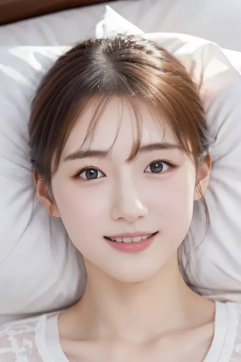 Beautiful girl lying on bed, 14 years old, (Highest quality:1.4), (Very detailed), (Very detailed美しい顔), (Sleepy eyes:1.5), White T-shirt, Great face and eyes, iris, Medium Hair, The Beauty of Japan, (Skinny body type:1.3), (Flat Chest:1.3), (smile), Smooth...