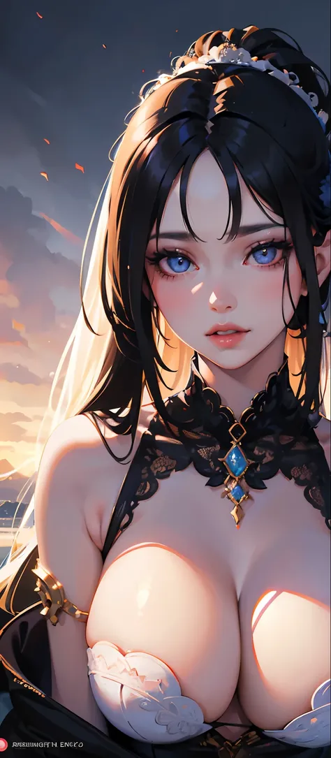 a sexy young girl with large breasts, detailed face, beautiful eyes, full lips, long eyelashes, elegant hairstyle, high-quality 3D rendering, photorealistic, dramatic lighting, vibrant colors, fantasy art style