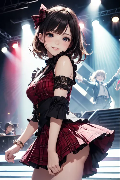 very cute and beautiful girl,(highly detailed beautiful face and eyes),(smile:1.2),happy,
black hair,hair accessory,looking at viewer,dancing,singing,beautiful legs,cowboy shot,
(plaid scarlet idol costume like AKB48),teen akiba idol,detailed frills,
live ...