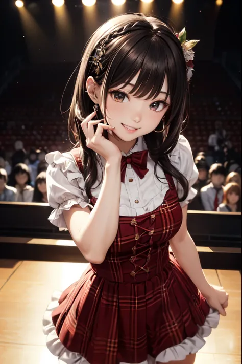 very cute and beautiful girl,(highly detailed beautiful face and eyes),(smile:1.2),happy,
black hair,hair accessory,looking at viewer,dancing,singing,beautiful legs,cowboy shot,
(plaid scarlet idol costume like AKB48),teen akiba idol,detailed frills,
live ...