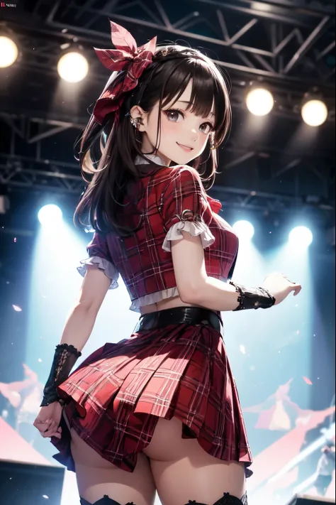 very cute and beautiful girl,(highly detailed beautiful face and eyes),(smile:1.2),happy, black hair,hair accessory,looking at viewer,dancing,(looking back,from behind,from below), (plaid scarlet idol costume like AKB48),teen akiba idol,detailed frills, li...