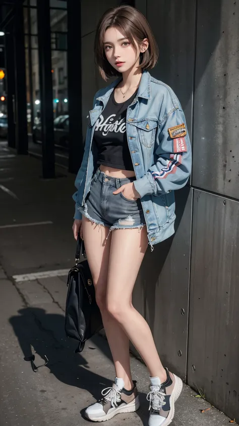 (masterpiece,Highest quality,Very detailed),1 girl,Brown Hair, Brown Hair with a white line,short hair,Medium chest,Denim shorts, Jacket, Rock Punk Fashion,(gray theme),(Pastel Color Theme),In the city,sneakers