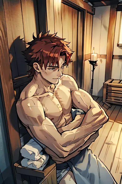 Extremely thin and slender red-haired boy lying in the sauna wearing a towel.