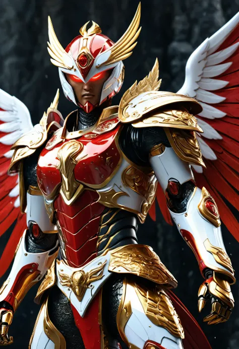 close up of robot with wings on surface, prajurit phoenix, saint seiya unreal engine rendering, phoenix solarpunk, white and red armor, detailed cosmic angel robot, a flying scarlet phoenix, glowing mecha armor, ancient dragon armor yang rumit, ancient dra...