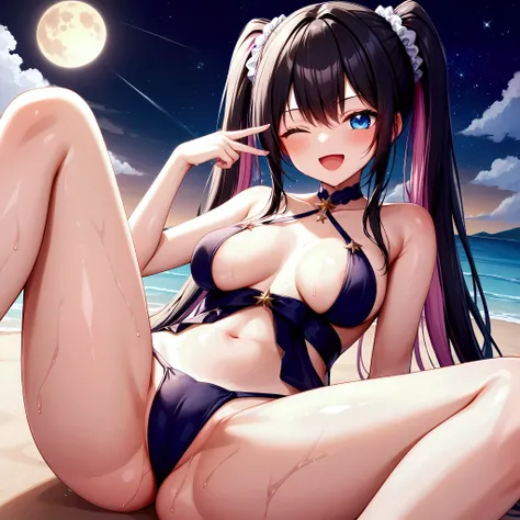 official style((Highest quality))、(masterpiece)、NSFW、(20 year old beauty))Subjective、moon、Starry Sky、firework、Ocean、Sandy Beach、(Realistic Shadows)straight-on、breast focus、Twin tails、White scrunchie、Long Hair、(colored inner hair　black hair + pink inner hai...