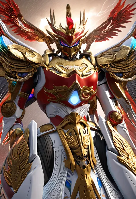 close up of robot with wings on surface, prajurit phoenix, saint seiya unreal engine rendering, phoenix solarpunk, white and red armor, detailed cosmic angel robot, a flying scarlet phoenix, glowing mecha armor, ancient dragon armor yang rumit, ancient dra...