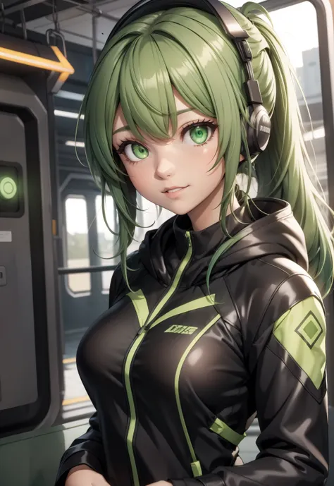 A girl, Lime green hair, Long hair, Ponytail, Feminization, Gentle smile, Lime Green Hooded Jacket, Glowing eyes, Train Background, Wearing black headphones,