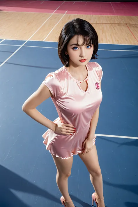 ((RAW photo), (beautiful girl, gorgeous face), (short, shiny black hair), ((defined blue pupils, makeup)), ((silk pink dress, red thighs, heels)), ((standing with legs spread)), ((volleyball court))